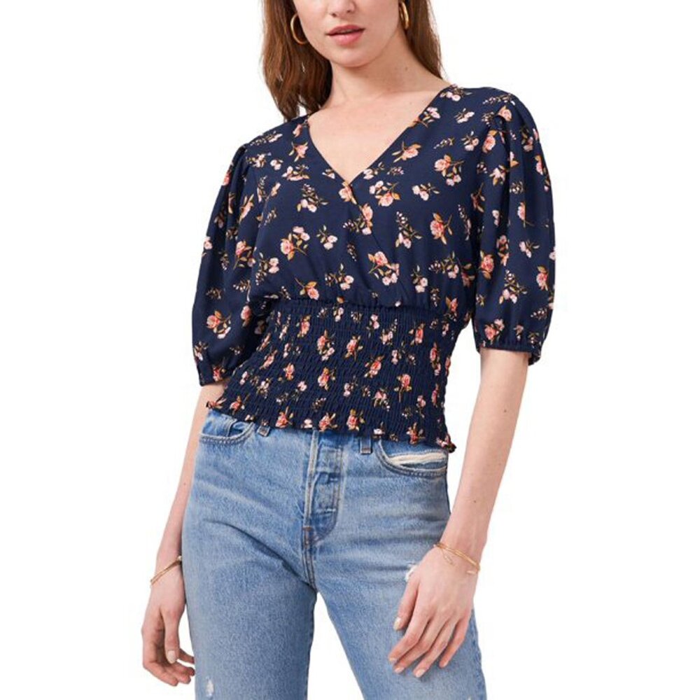 1.STATE Womens Blouse Sz Medium Navy Blue Floral Smocked Faux Wrap Puff Sleeves